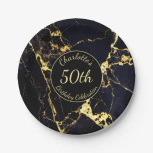 Elegant Black & Gold Marble 50th Birthday Paper Plate