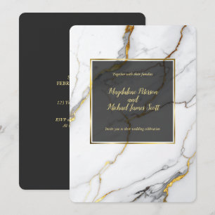 Elegant Black & Gold Marble Classic Script Wedding Invitation