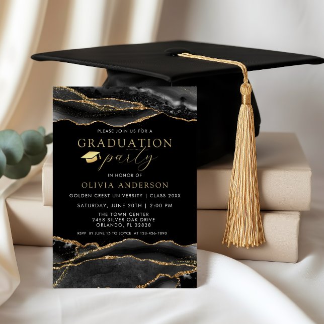 Elegant Black & Gold Marble Graduatio Party Invitation (Elegant Black and Gold agate Graduation Party Invitation)