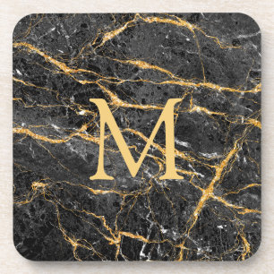 Elegant Black Gold Marble Monogram  Coaster