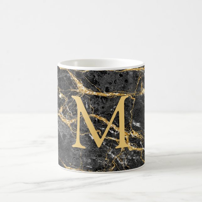 Elegant Black Gold Marble Monogram   Coffee Mug (Center)