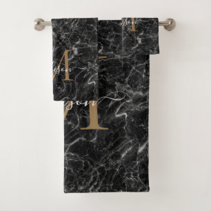 Elegant Black Gold Marble Monogram Girly Script Bath Towel Set