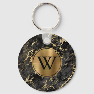 Elegant Black Gold Marble Monogram Keychain
