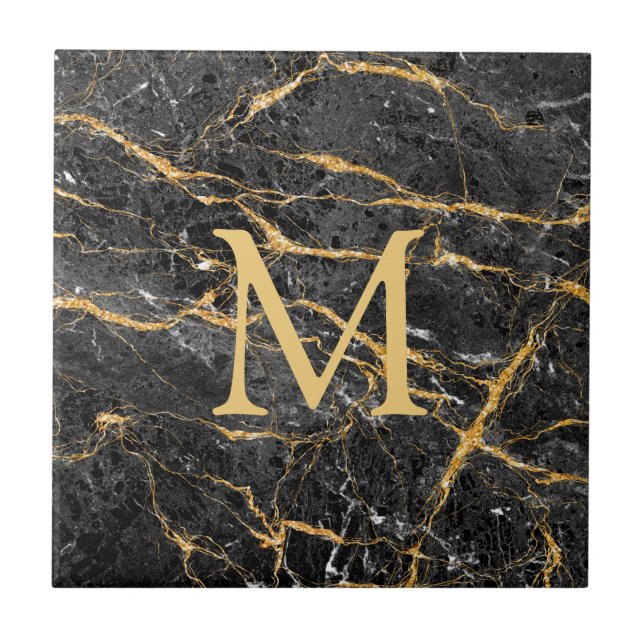Elegant Black Gold Marble Monogram  Tile (Front)