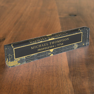 Elegant Black Gold Marble Personalized Name Nameplate