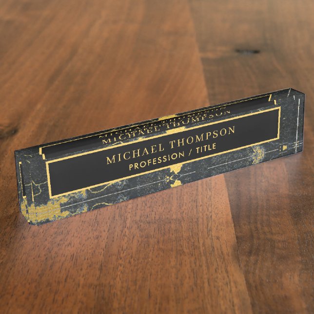 Elegant Black Gold Marble Personalized Name Nameplate (Side)