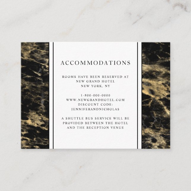 Elegant Black Gold Marble Wedding Accommodations Enclosure Card (Front)