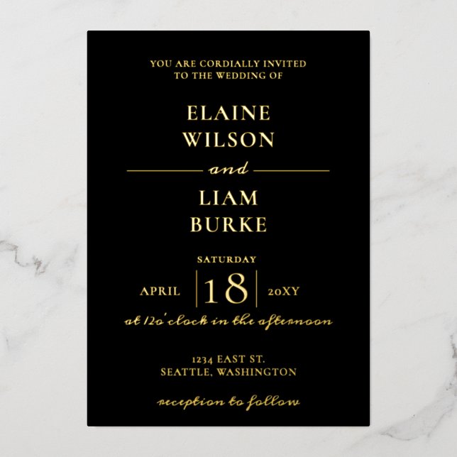 Elégant Black Gold Mariage Foil Invitation (Recto)