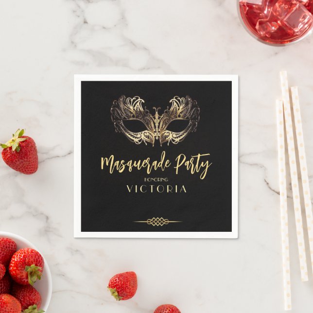 Elegant Black Gold Masquerade Party Birthday Napkin (Insitu)