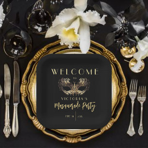 Elegant Black Gold Masquerade Party Birthday Paper Plate