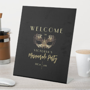 Elegant Black Gold Masquerade Party Birthday Pedestal Sign