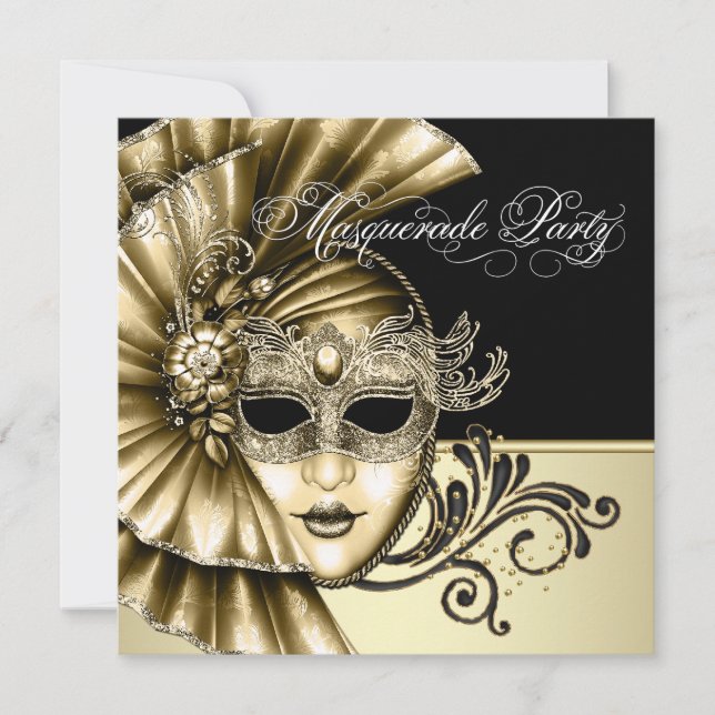 Elegant Black Gold Masquerade Party Invitations (Front)