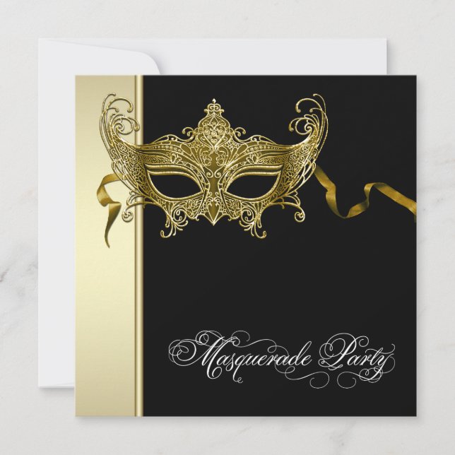 Elegant Black Gold Masquerade Party Invitations (Front)