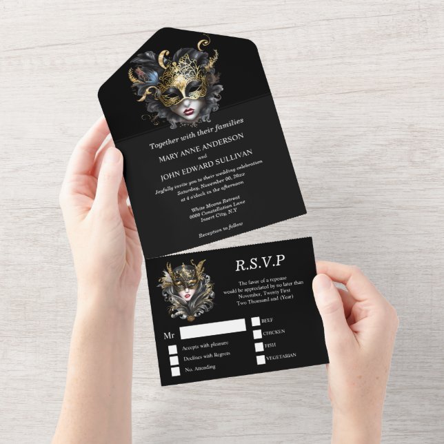 Elegant black gold masquerade theme face masks all in one invitation (Tearaway)