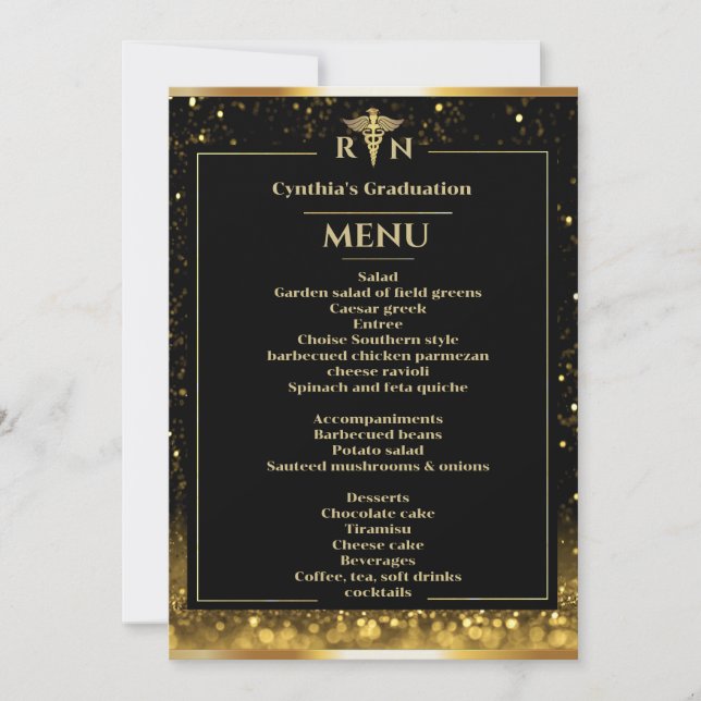 Elegant Black Gold Medical Graduation Dinner Menu Invitation (Front)