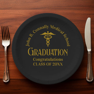 Elegant Black Gold Medical School Graduation Party Paper Plate