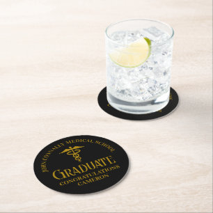 Elegant Black Gold Medical School Graduation Party Round Paper Coaster