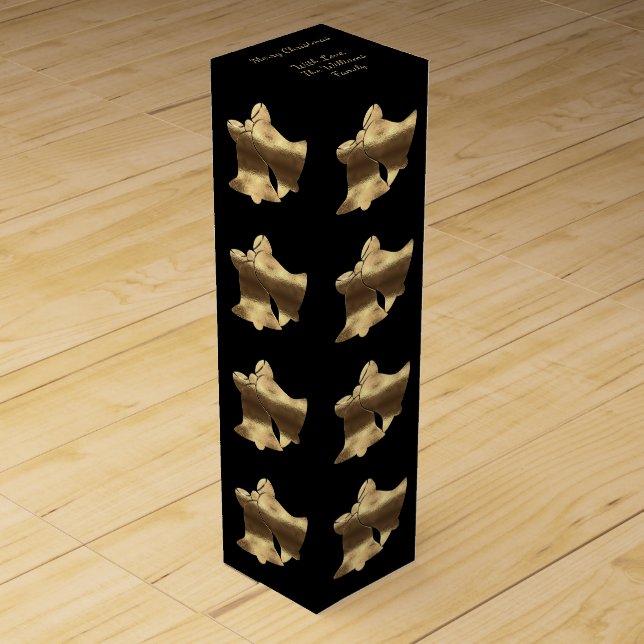 Elegant Black Gold Merry Christmas Bells Pattern Wine Box (Front)