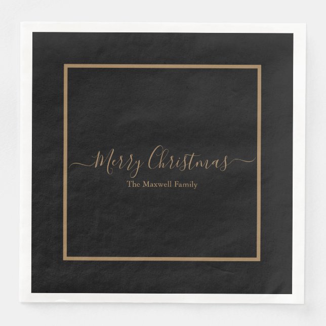 Elegant black gold Merry Christmas family name Napkin (Front)