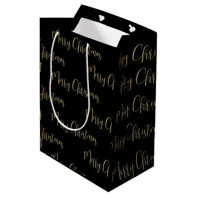 Elegant Black Gold Merry Christmas  Medium Gift Bag (Back Angled)