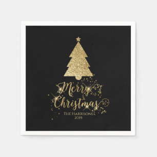Elegant Black Gold Merry Christmas Sparkle Napkin