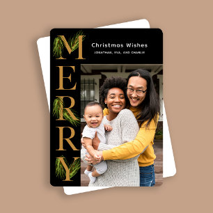 Elegant Black Gold Merry Pine Photo Christmas Holiday Card