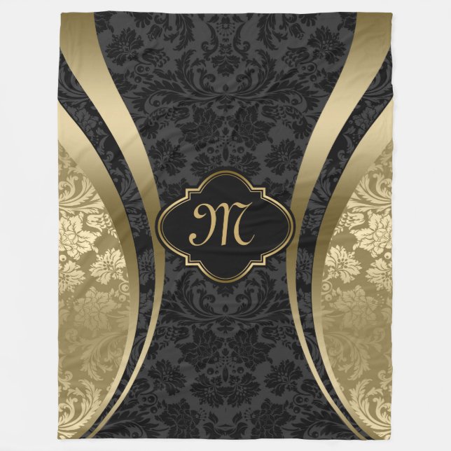 Elegant Black & Gold Metallic Floral Damasks Fleece Blanket (Front)
