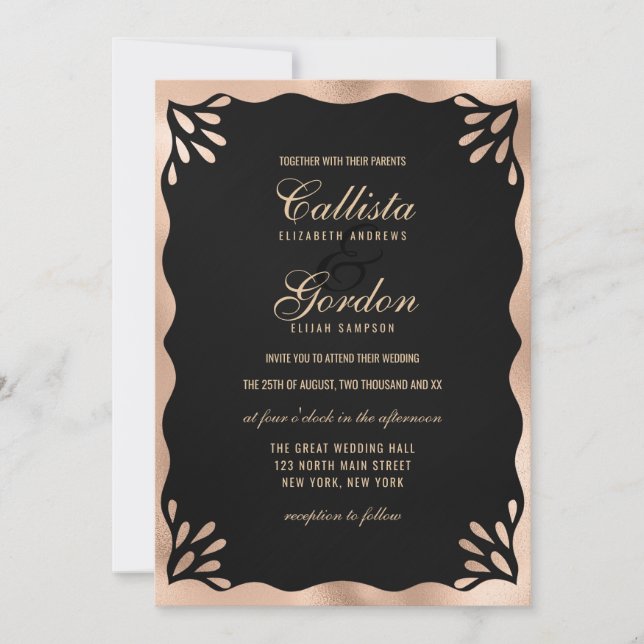 Elegant Black Gold Metallic Wavy Border Wedding Invitation (Front)