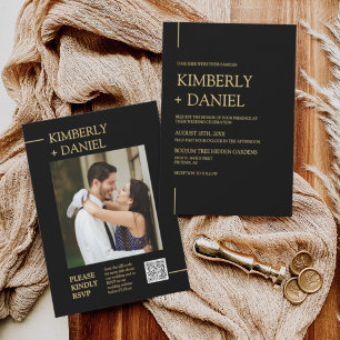 Elegant Black Gold Minimal Wedding QR Code Photo Invitation