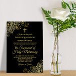 Elegant Black & Gold Modern Catholic Wedding Invitation<br><div class="desc">This beautiful wedding invitation is perfect for a modern Catholic ceremony. It features a beautiful design with elegant gold script lettering and ornate golden curls and swirls in the corners on a classic black background. Includes a cross or crucifix, and wording inviting your guests to attend a nuptial mass uniting...</div>