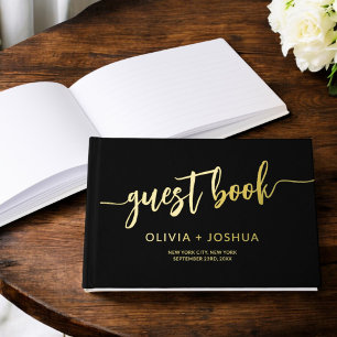 Elegant Black Gold Modern Minimalist Script Guest Book