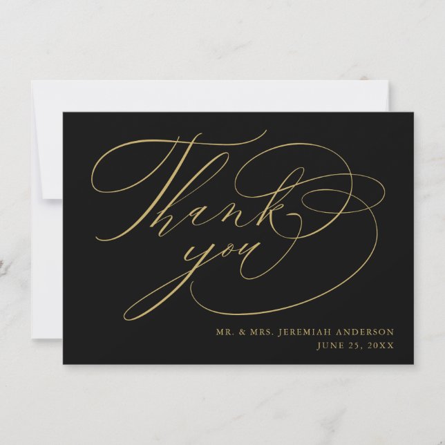 Elegant Black Gold Modern Script Wedding Thank You Card (Front)