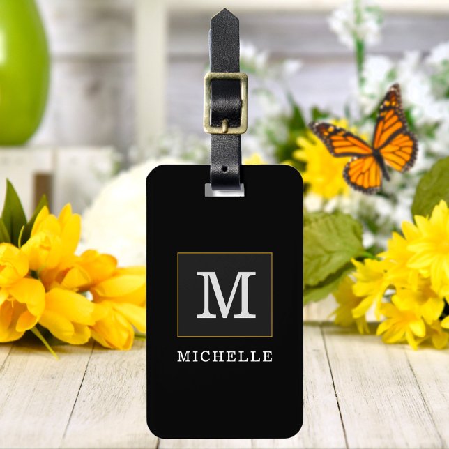 Elegant Black Gold Monogram Chic Personalized Luggage Tag (Creator Uploaded)