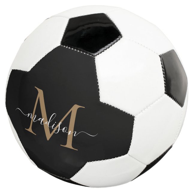 Elegant Black Gold Monogram Cute Girly Script Soccer Ball (Three Quarter)