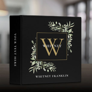 Elegant Black Gold Monogram Eucalyptus Greenery Binder