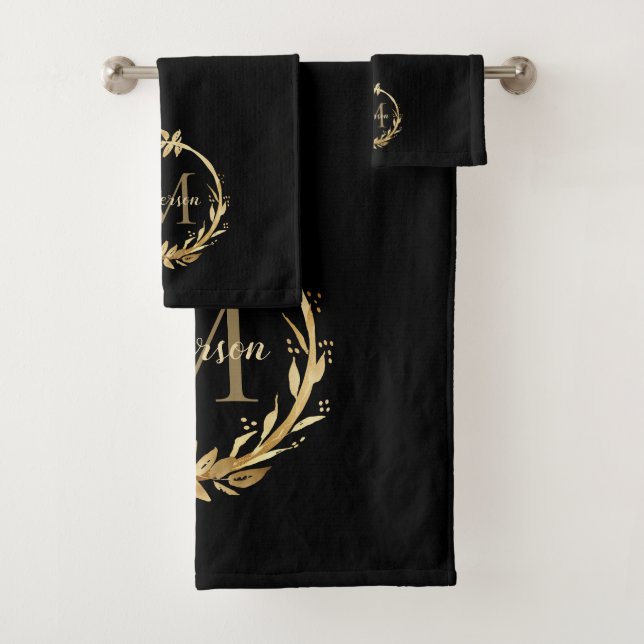 Elegant Black Gold Monogram Eucalyptus Wreath Bath Towel Set (Insitu)