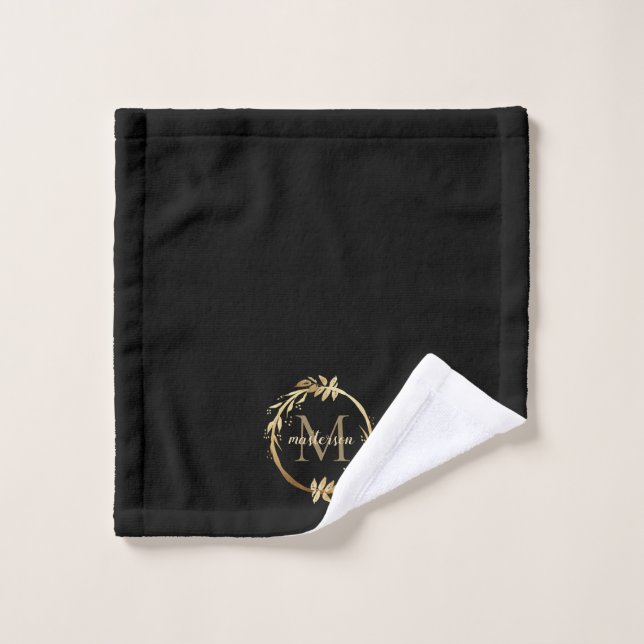 Elegant Black Gold Monogram Eucalyptus Wreath Wash Cloth (Wash Cloth)