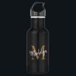 Elegant Black Gold Monogram Feminine Script Name 532 Ml Water Bottle<br><div class="desc">Elegant Black Gold Monogram Feminine Script Name Stainless Steel Water Bottle. Easily personalize this modern elegant stainless steel water bottle with your custom monogram and name.</div>