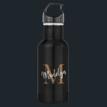 Elegant Black Gold Monogram Feminine Script Name 532 Ml Water Bottle<br><div class="desc">Elegant Black Gold Monogram Feminine Script Name Stainless Steel Water Bottle. Easily personalize this modern elegant stainless steel water bottle with your custom monogram and name.</div>