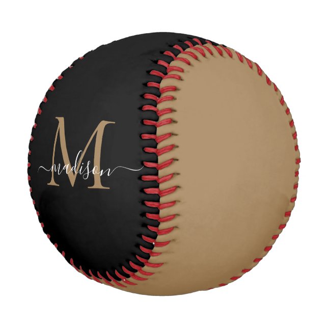 Elegant Black Gold Monogram Feminine Script Name Baseball (Angled)