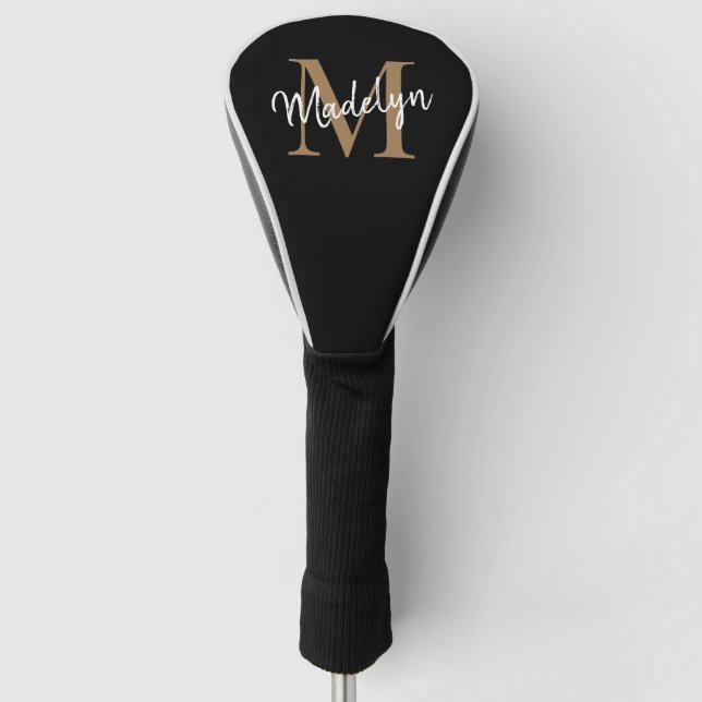 Elegant Black Gold Monogram Feminine Script Name Golf Head Cover (Front)
