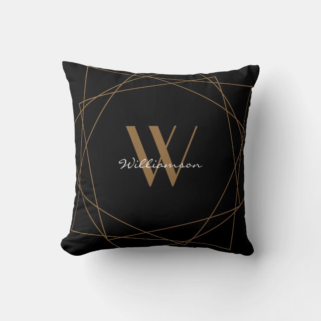 Elegant Black Gold Monogram Geometric Name Script Throw Pillow (Front)