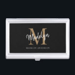 Elegant Black Gold Monogram Girly Script Name Business Card Holder<br><div class="desc">Elegant Black Gold Monogram Girly Script Name Business Card Case.Easily personalize this modern elegant business card case with your custom monogram and name.</div>