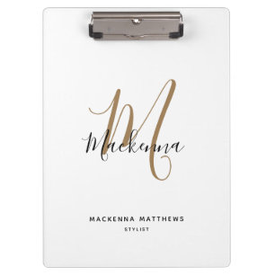 Elegant Black Gold Monogram Girly Script Name Clipboard