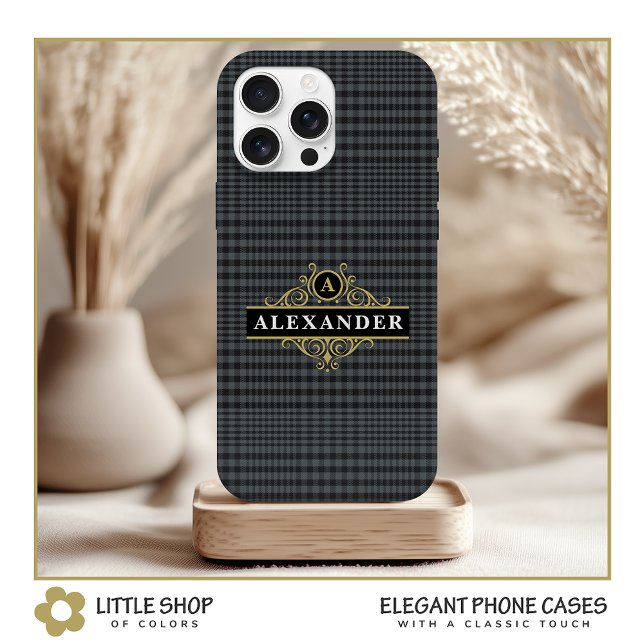 Elegant Black Gold Monogram Glen Plaid Case-Mate iPhone Case (Creator Uploaded)