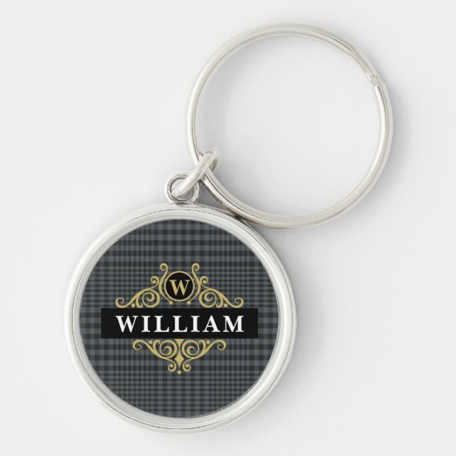 Elegant Black Gold Monogram Glen Plaid Keychain (Front)