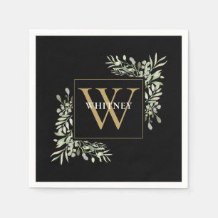 Elegant Black Gold Monogram Greenery Floral Napkin