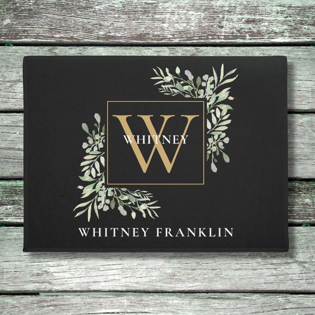 Elegant Black Gold Monogram Greenery Foliage Doormat (Creator Uploaded)