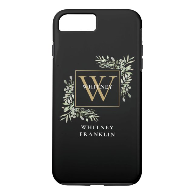 Elegant Black Gold Monogram Greenery Personalized Case-Mate iPhone Case (Back)