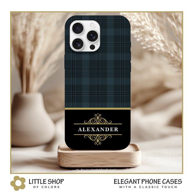 Elegant Black Gold Monogram Grey Plaid Case-Mate iPhone Case (Creator Uploaded)